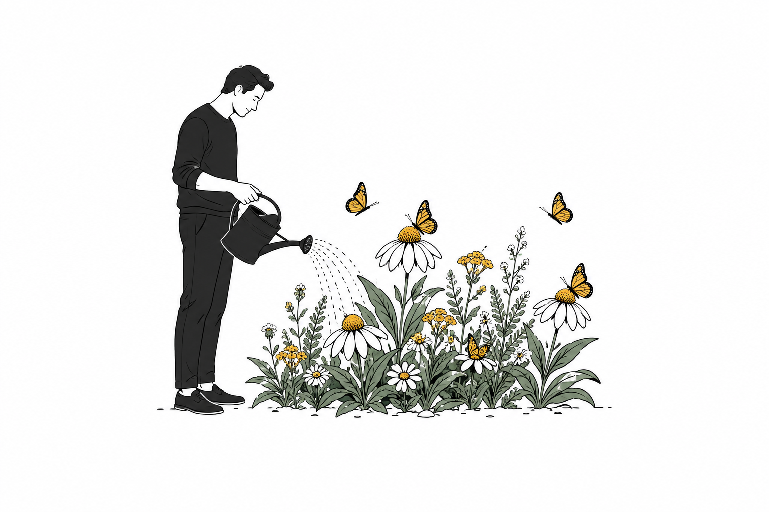 Man watering a garden as butterflies arrive