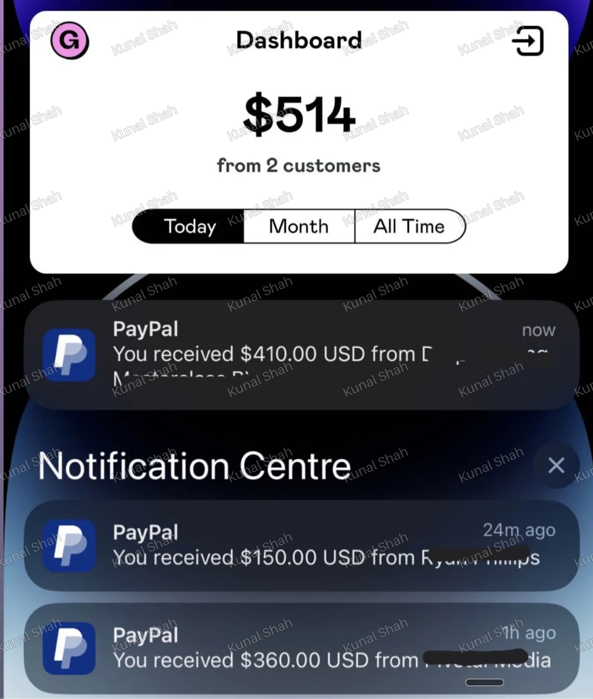Daily sales and payments screenshot from Kunal Shah's theme page business