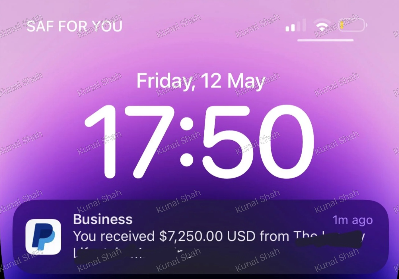A single payment received through Kunal Shah's theme page business